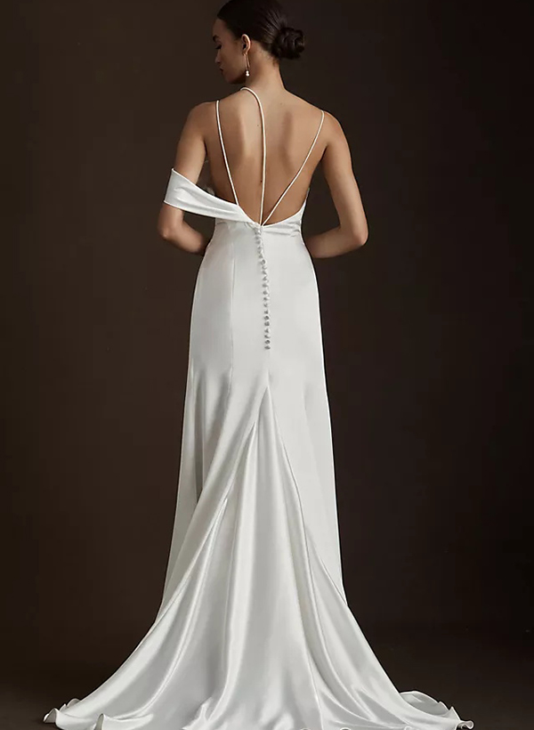Sheath/Column Square Neckline Elegant Satin Wedding Dresses With Split Front