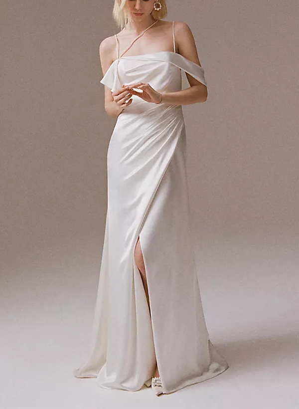 Sheath/Column Square Neckline Elegant Satin Wedding Dresses With Split Front