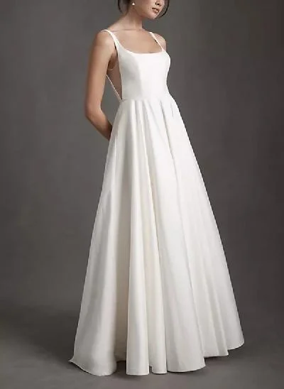 A-Line Square Neckline Sleeveless Sweep Train Satin Wedding Dresses