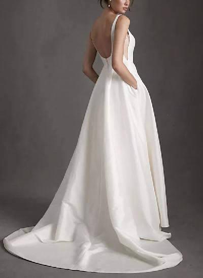A-Line Square Neckline Sleeveless Sweep Train Satin Wedding Dresses