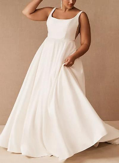 A-Line Square Neckline Sleeveless Sweep Train Satin Wedding Dresses