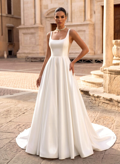 A-Line Square Neckline Sleeveless Sweep Train Satin Wedding Dresses
