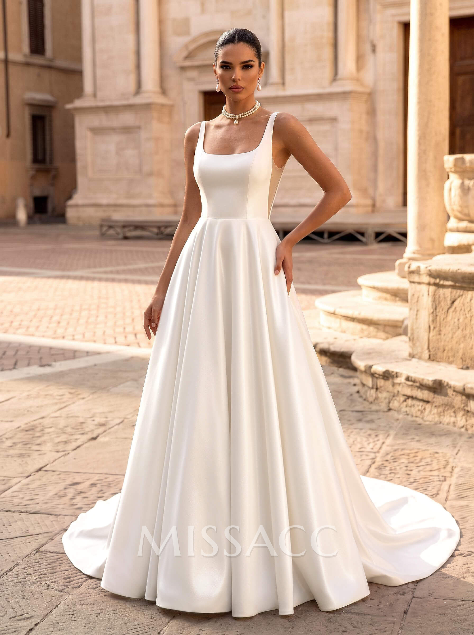 A-Line Square Neckline Sleeveless Sweep Train Satin Wedding Dresses