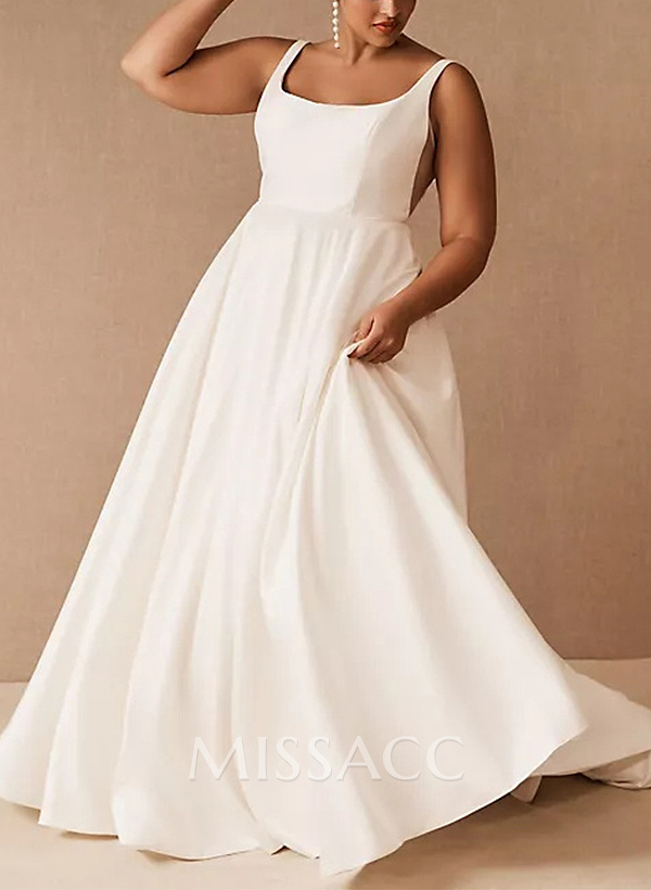 A-Line Square Neckline Sleeveless Sweep Train Satin Wedding Dresses