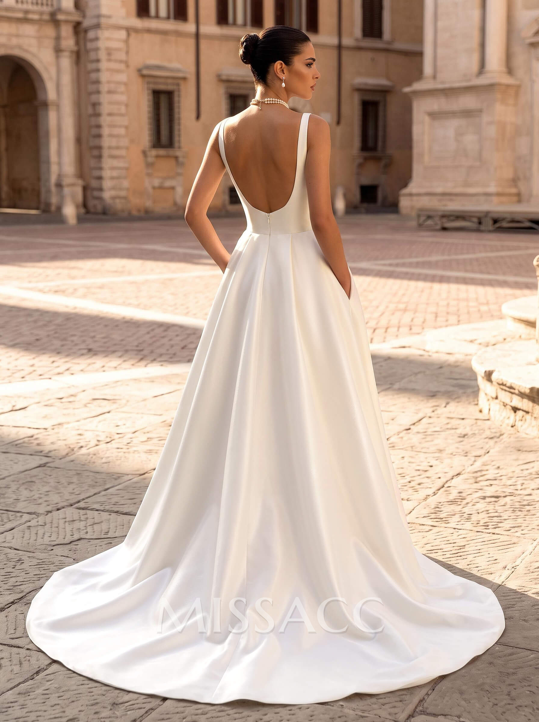 A-Line Square Neckline Sleeveless Sweep Train Satin Wedding Dresses