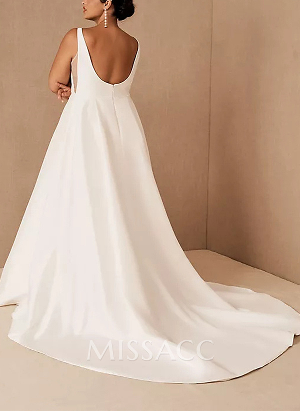 A-Line Square Neckline Sleeveless Sweep Train Satin Wedding Dresses