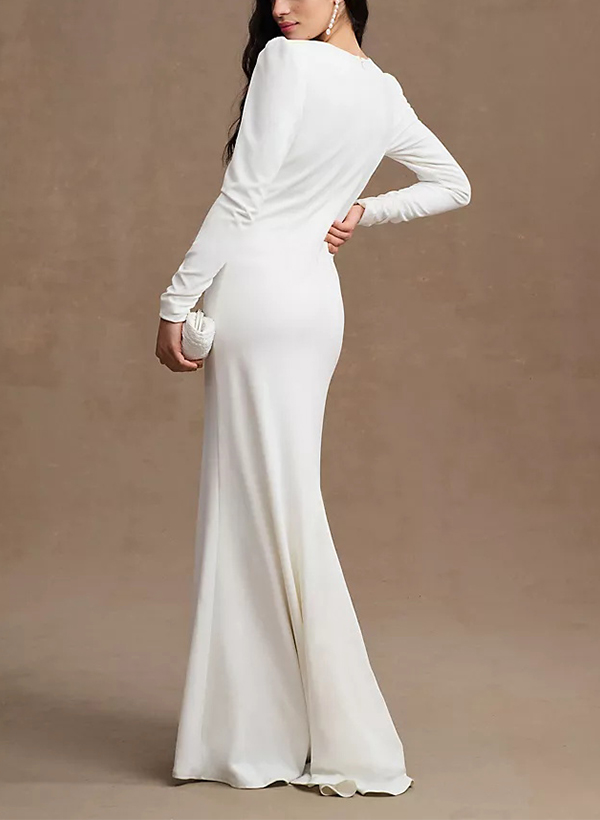 Sheath/Column V-Neck Long Sleeves Satin Wedding Dresses With Split Front
