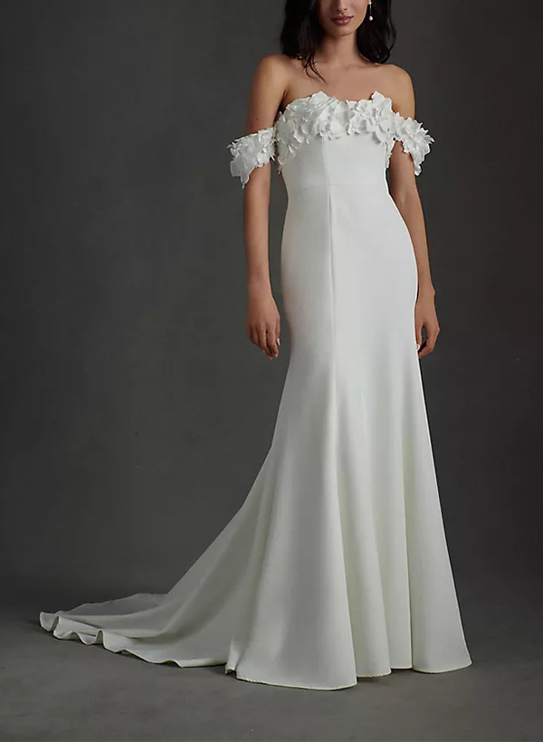Sheath/Column Off-the-Shoulder Satin Wedding Dresses With Appliques Lace