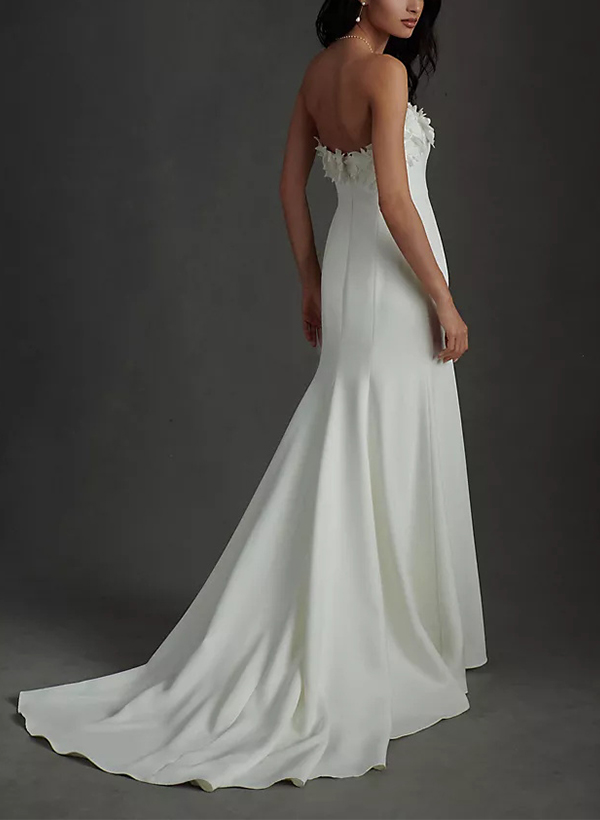 Sheath/Column Off-the-Shoulder Satin Wedding Dresses With Appliques Lace