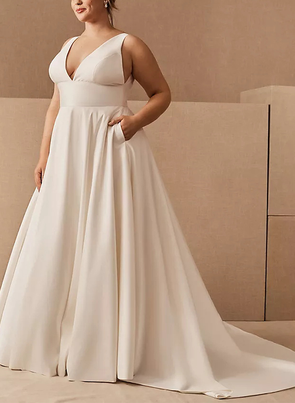 A-Line V-neck Sleeveless Elegant Sweep Train Satin Wedding Dresses