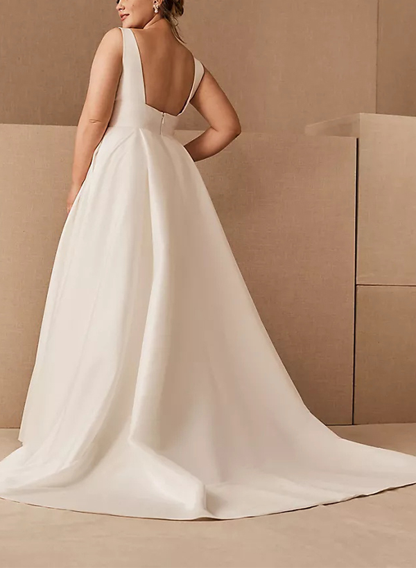 A-Line V-neck Sleeveless Elegant Sweep Train Satin Wedding Dresses