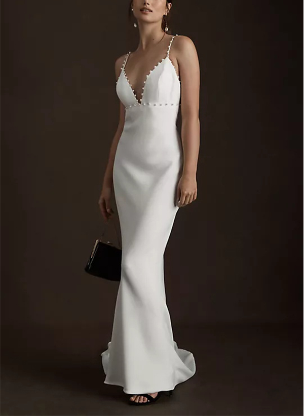 Sheath/Column V-Neck Sleeveless Elegant Satin Wedding Dresses With Beading