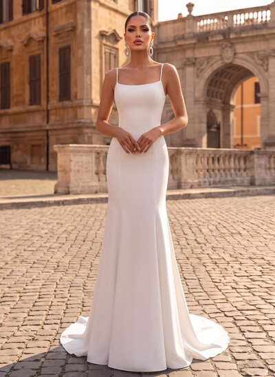 Sheath/Column Square Neckline Satin Wedding Dresses With Appliques Lace