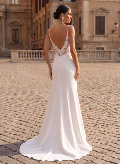 Sheath/Column Square Neckline Satin Wedding Dresses With Appliques Lace