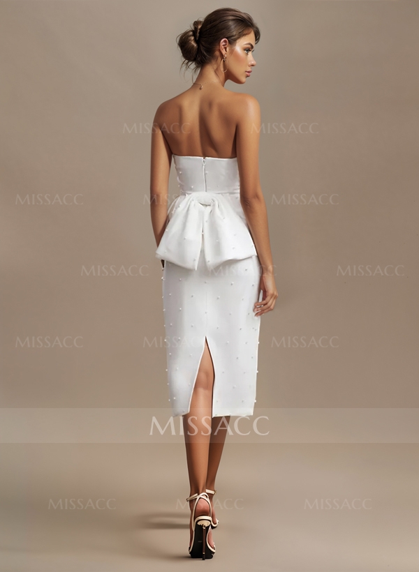 Minimalistic Beaded Strapless Bow Accented Back Wedding Dresses With Back Slit