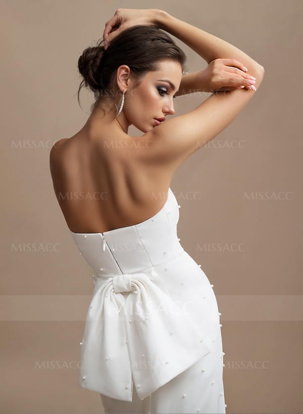 Minimalistic Beaded Strapless Bow Accented Back Wedding Dresses With Back Slit