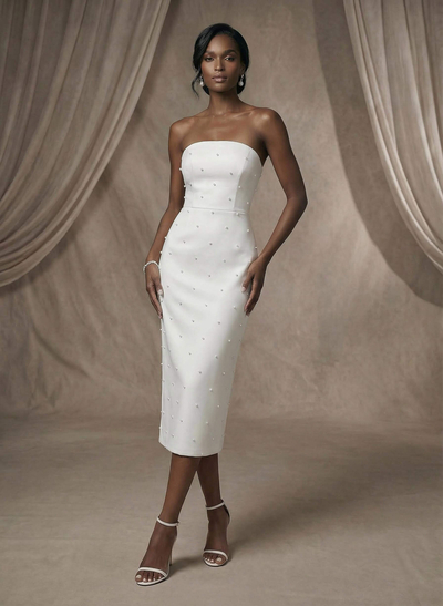 Minimalistic Beaded Strapless Bow Accented Back Wedding Dresses With Back Slit
