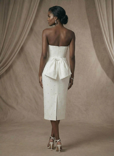 Minimalistic Beaded Strapless Bow Accented Back Wedding Dresses With Back Slit