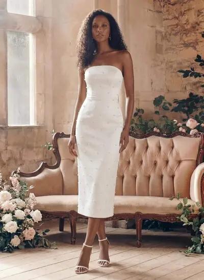 Minimalistic Beaded Strapless Bow Accented Back Wedding Dresses With Back Slit