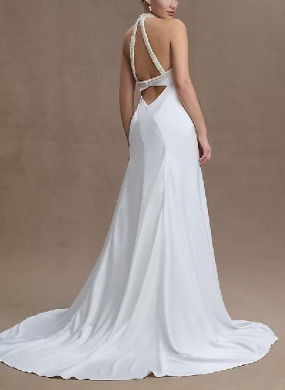 Sheath/Column Halter Sleeveless Satin Wedding Dresses With Beading