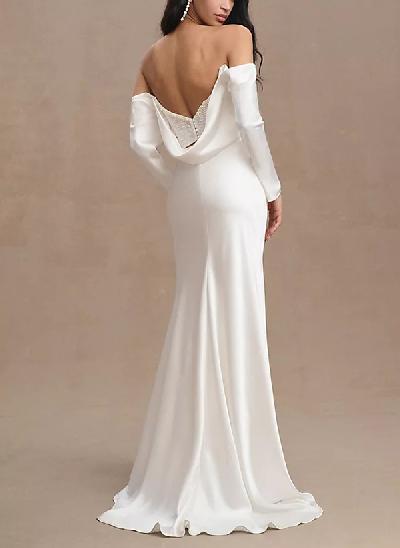 Sheath/Column Off-The-Shoulder Long Sleeves Satin Wedding Dresses With Beading