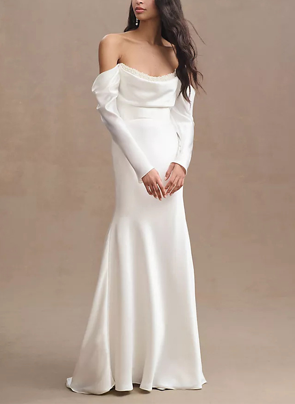 Sheath/Column Off-The-Shoulder Long Sleeves Satin Wedding Dresses With Beading