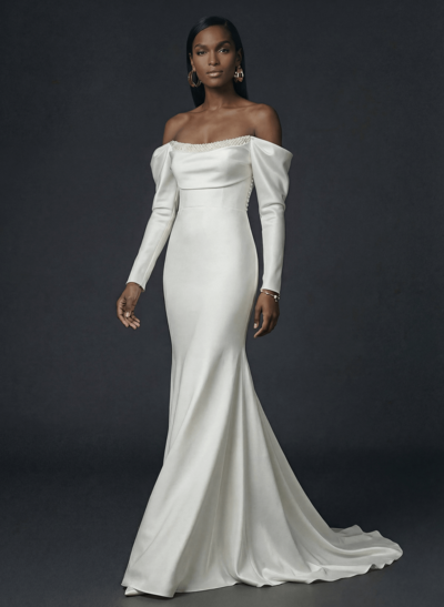Sheath/Column Off-The-Shoulder Long Sleeves Satin Wedding Dresses With Beading