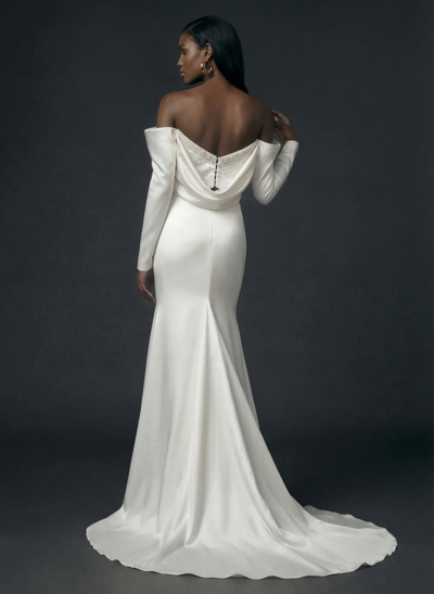 Sheath/Column Off-The-Shoulder Long Sleeves Satin Wedding Dresses With Beading