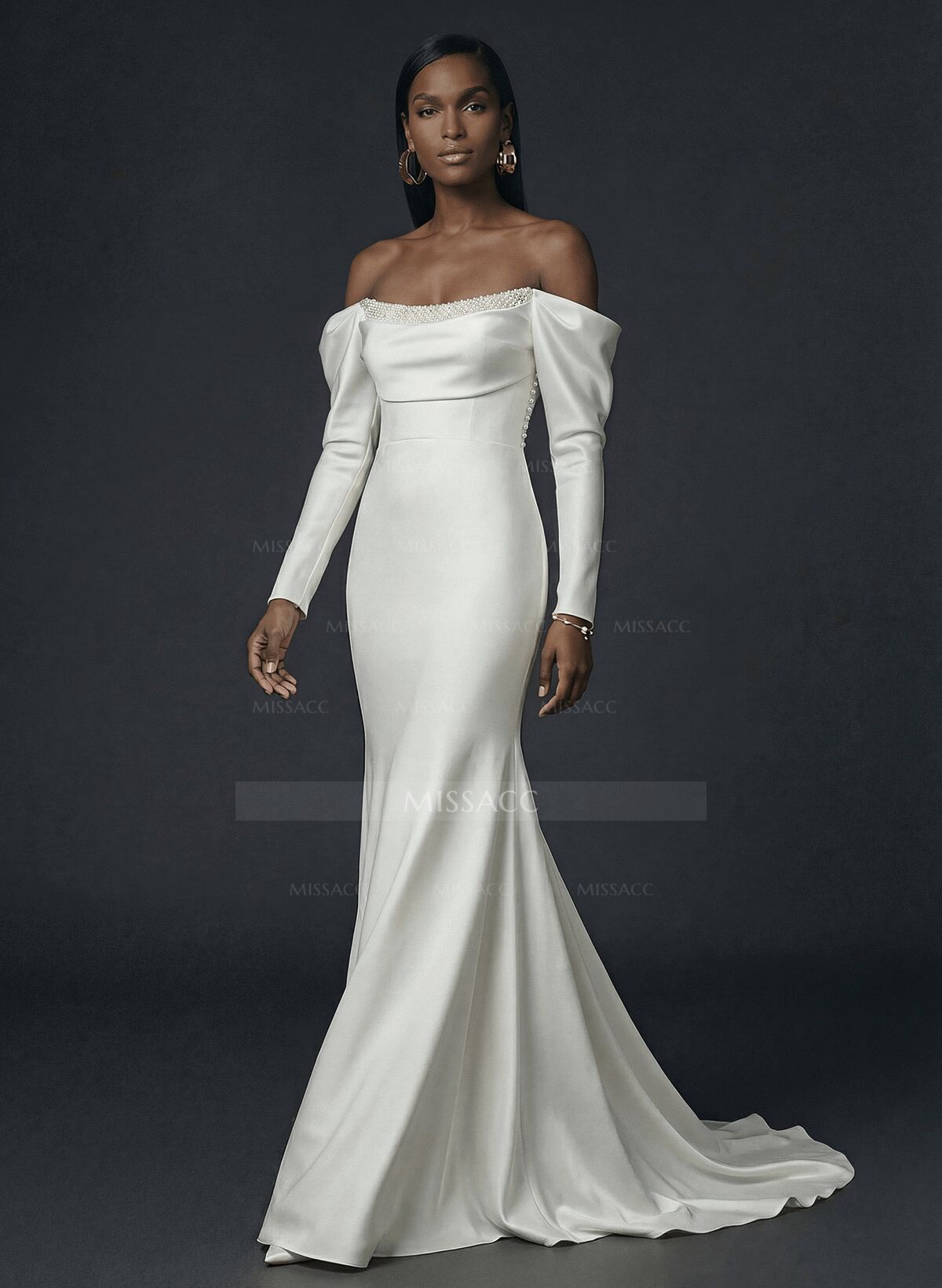Sheath/Column Off-The-Shoulder Long Sleeves Satin Wedding Dresses With Beading