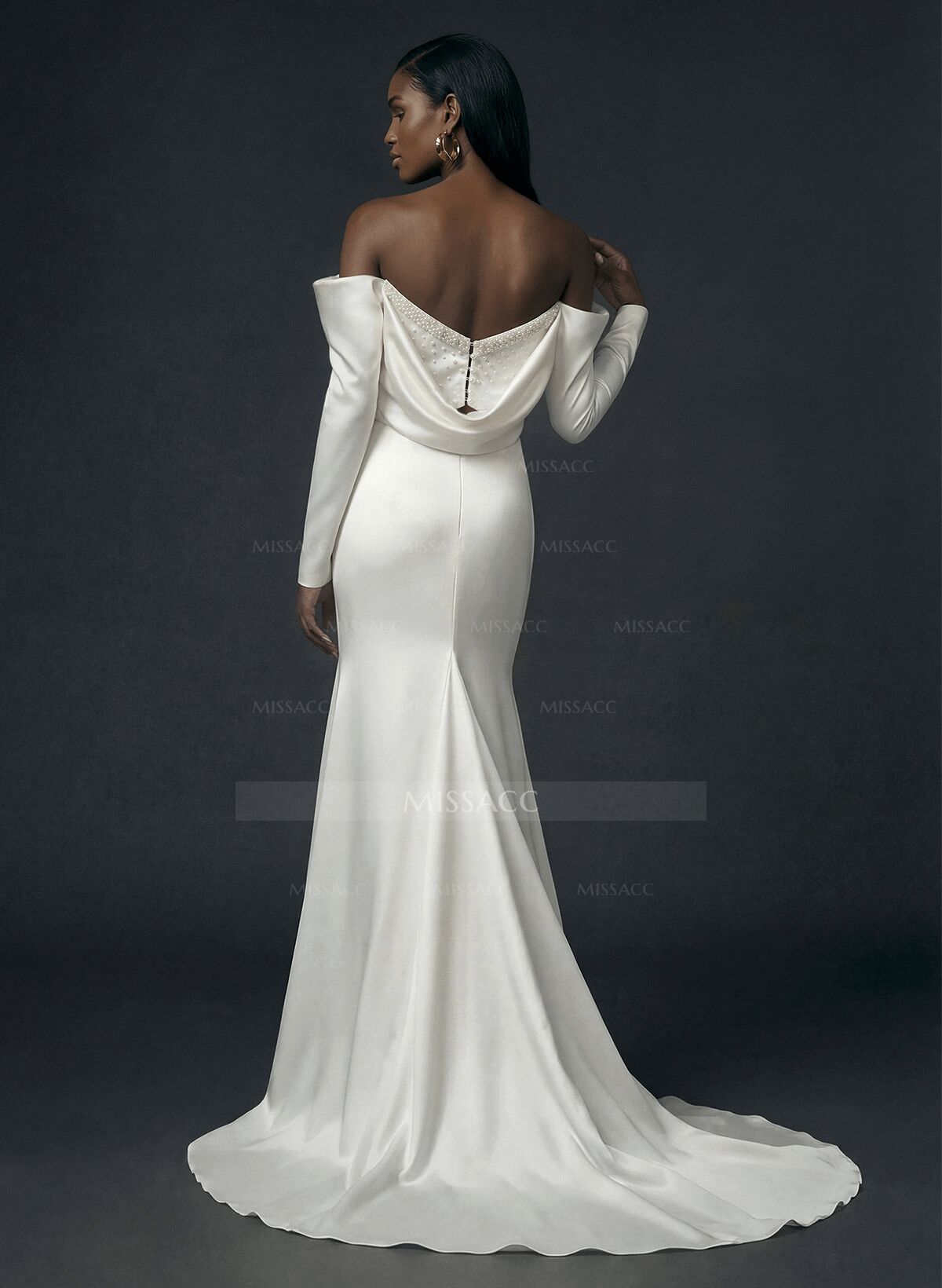 Sheath/Column Off-The-Shoulder Long Sleeves Satin Wedding Dresses With Beading