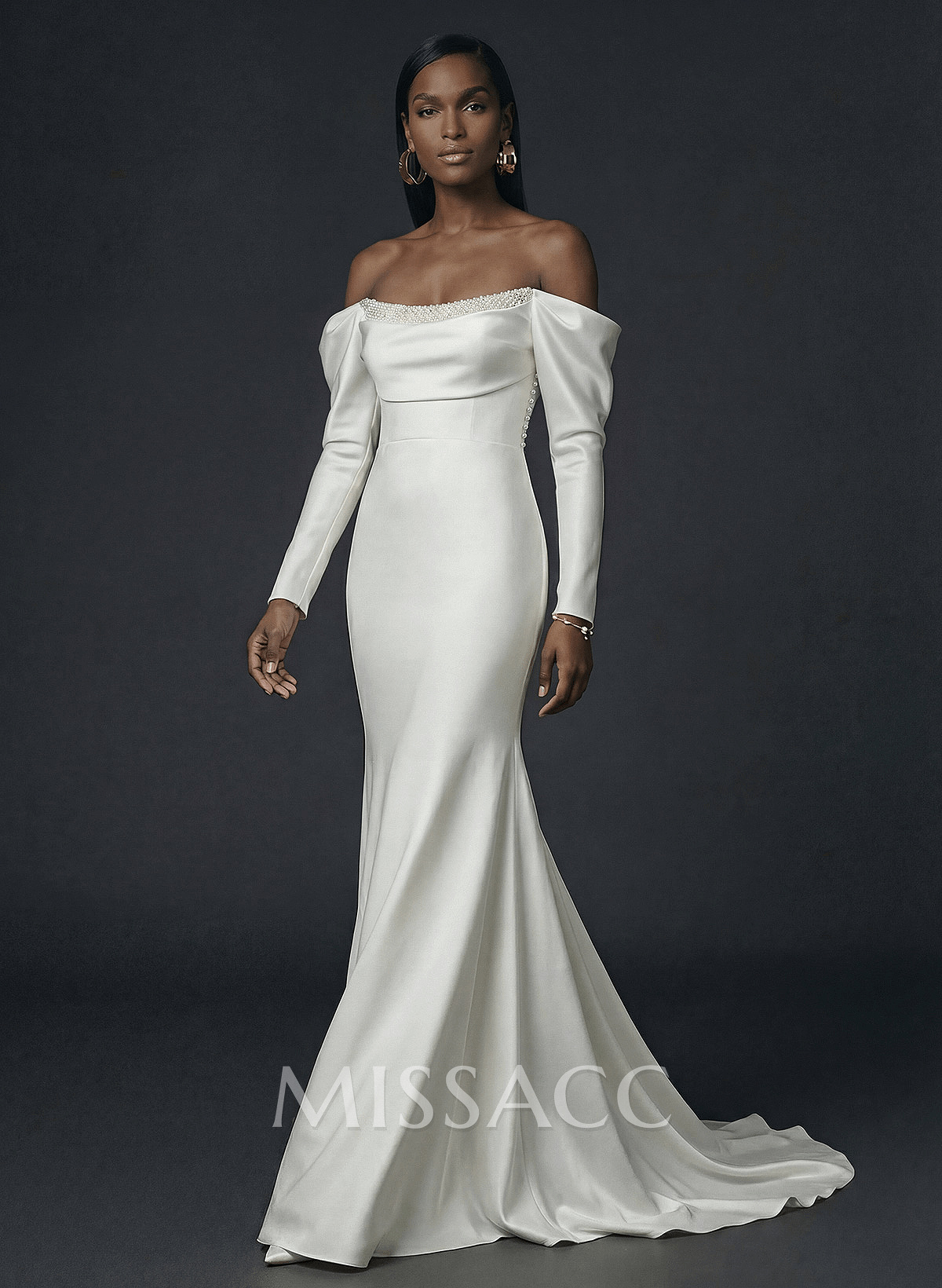 Sheath/Column Off-The-Shoulder Long Sleeves Satin Wedding Dresses With Beading Sheath/Column Off-The-Shoulder Long Sleeves Satin Wedding Dresses With Beading