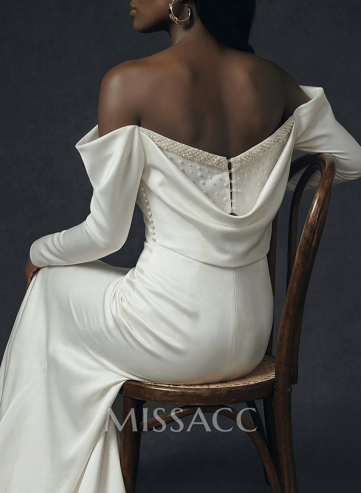Sheath/Column Off-The-Shoulder Long Sleeves Satin Wedding Dresses With Beading Sheath/Column Off-The-Shoulder Long Sleeves Satin Wedding Dresses With Beading
