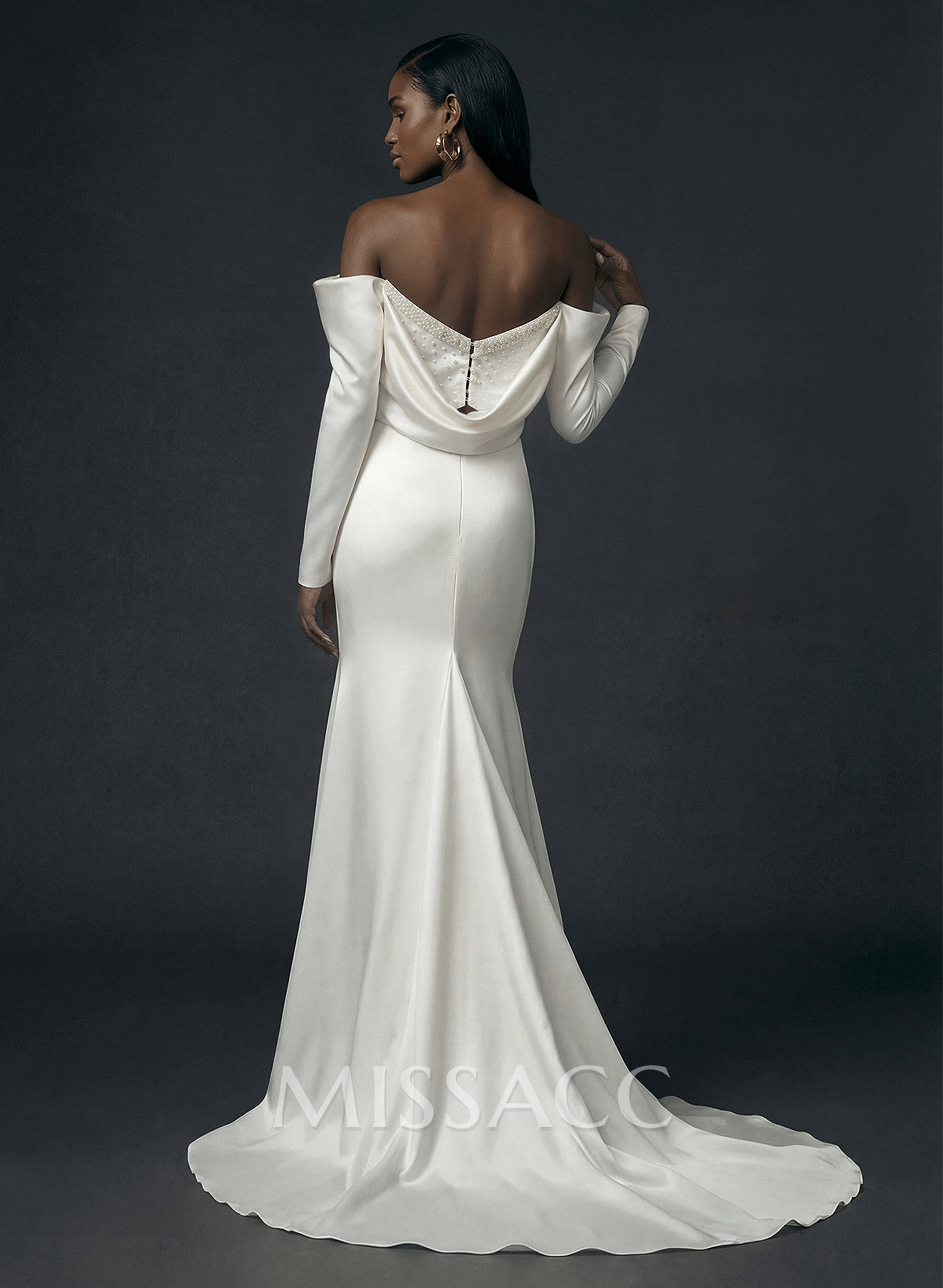 Sheath/Column Off-The-Shoulder Long Sleeves Satin Wedding Dresses With Beading Sheath/Column Off-The-Shoulder Long Sleeves Satin Wedding Dresses With Beading