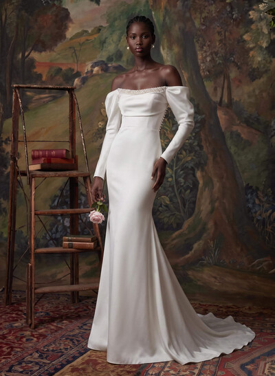 Sheath/Column Off-The-Shoulder Long Sleeves Satin Wedding Dresses With Beading