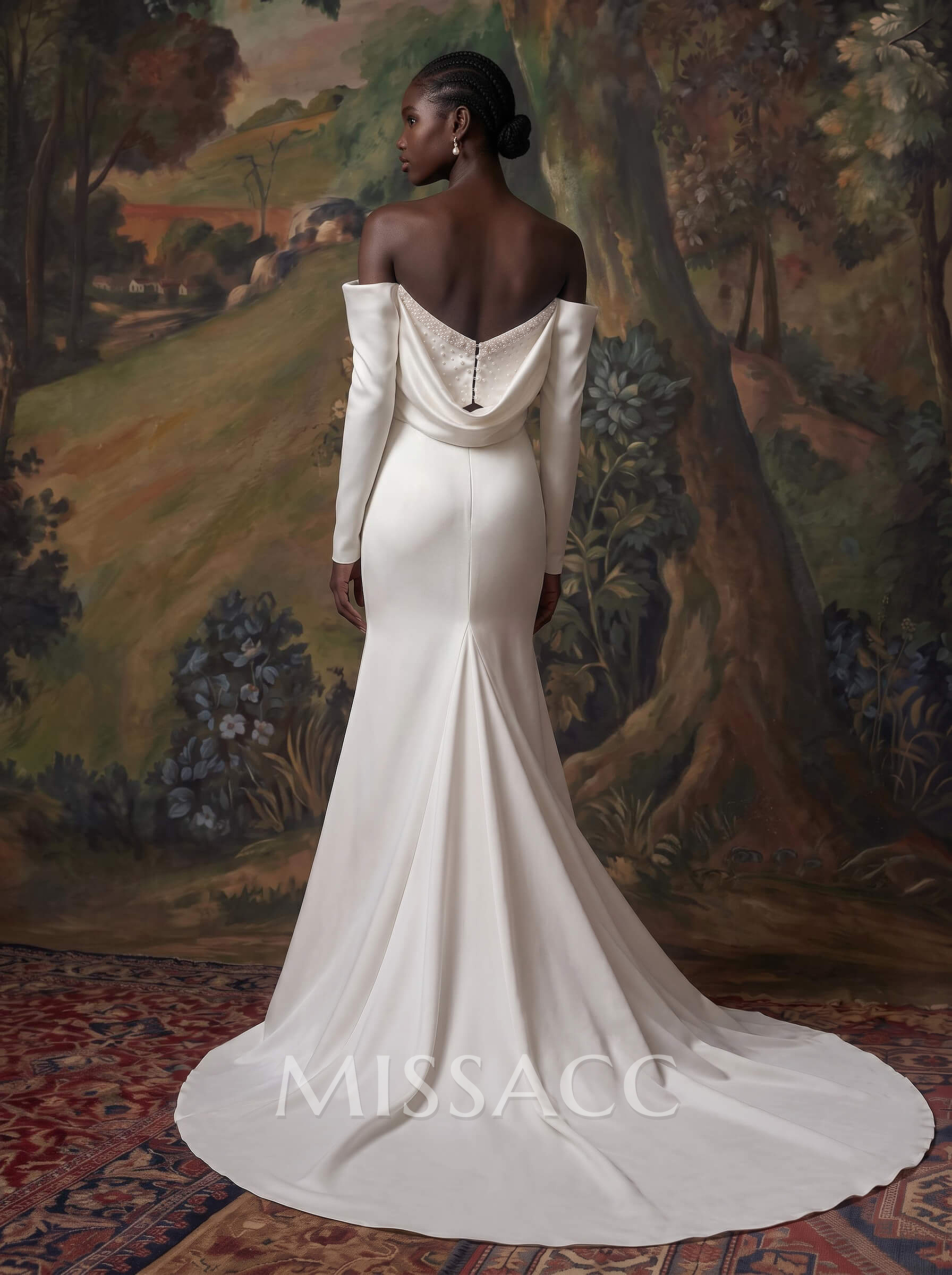 Sheath/Column Off-The-Shoulder Long Sleeves Satin Wedding Dresses With Beading Sheath/Column Off-The-Shoulder Long Sleeves Satin Wedding Dresses With Beading