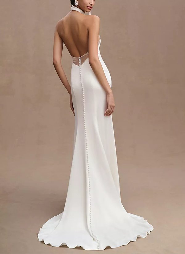 Sheath/Column Halter Sleeveless Silk Like Satin Wedding Dresses With Split Front