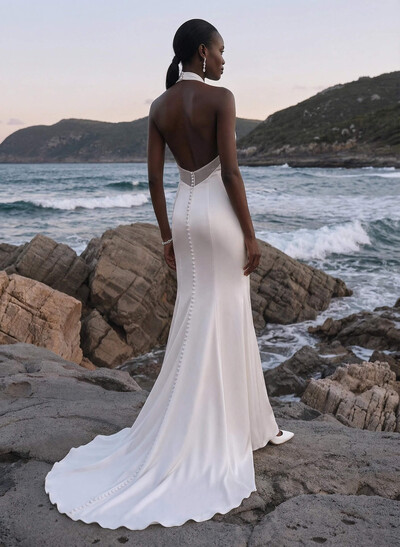 Sheath/Column Halter Sleeveless Silk Like Satin Wedding Dresses With Split Front