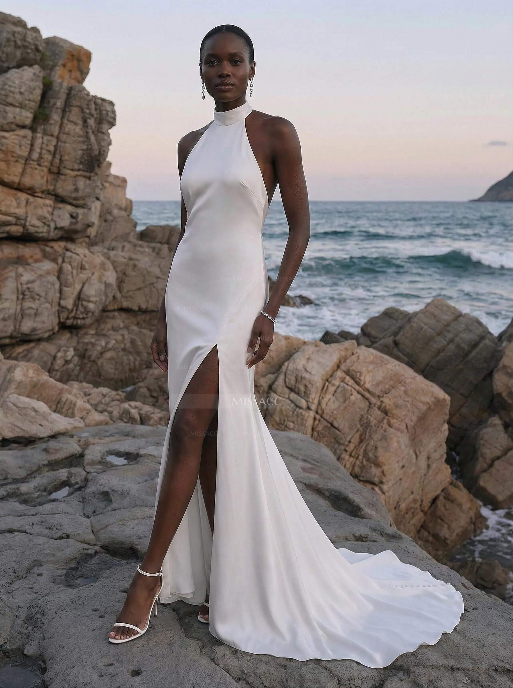 Sheath/Column Halter Sleeveless Silk Like Satin Wedding Dresses With Split Front