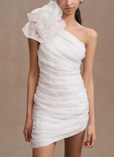 Sheath/Column One-Shoulder Short/Mini Tulle Wedding Dresses With Flower(s)
