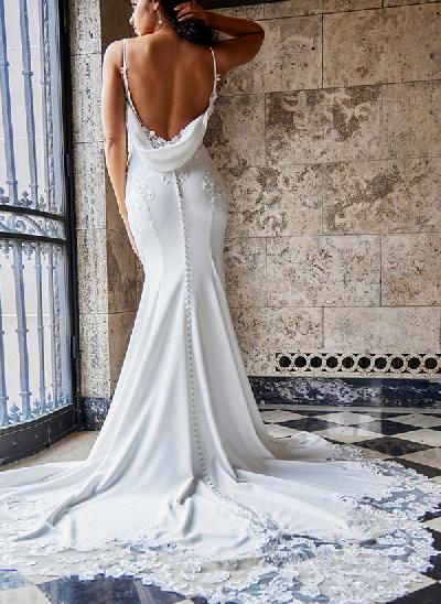 Trumpet/Mermaid Cowl Neck Elastic Satin Wedding Dresses With Appliques Lace