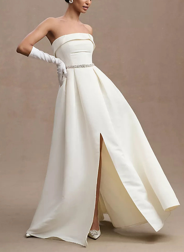 A-Line Strapless Sleeveless Satin Wedding Dresses With Split Front/Sash