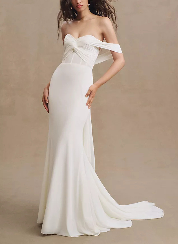 Sheath/Column Off-the-Shoulder Jersey Wedding Dresses With Bow(s)