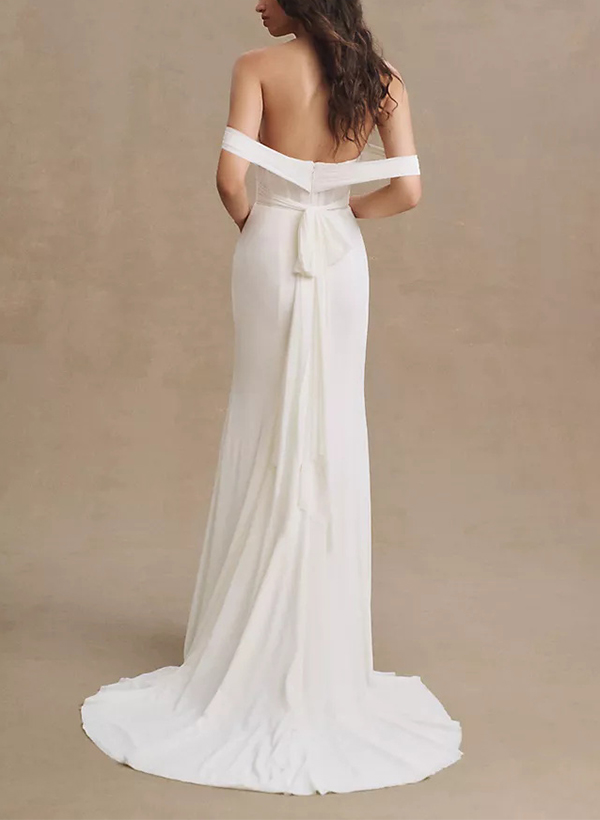 Sheath/Column Off-The-Shoulder Jersey Wedding Dresses With Bow(s)