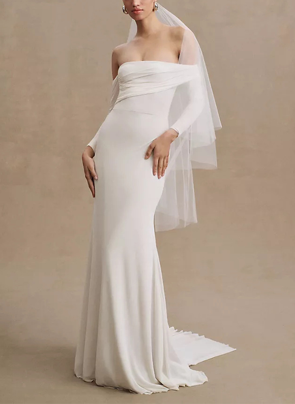 Sheath/Column Off-the-Shoulder Jersey Wedding Dresses With 3/4 Sleeves