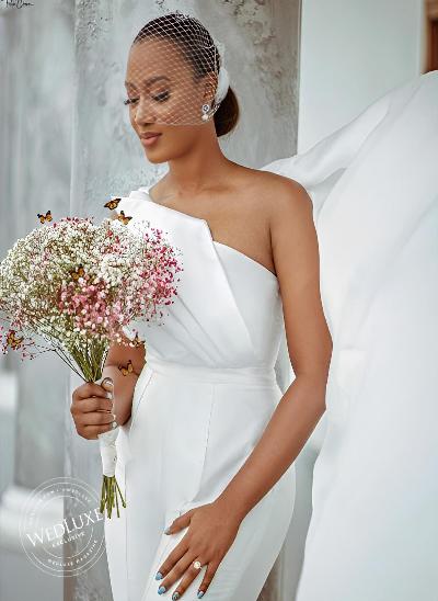 Sheath/Column One-Shoulder Sleeveless Floor-Length Satin Wedding Dresses