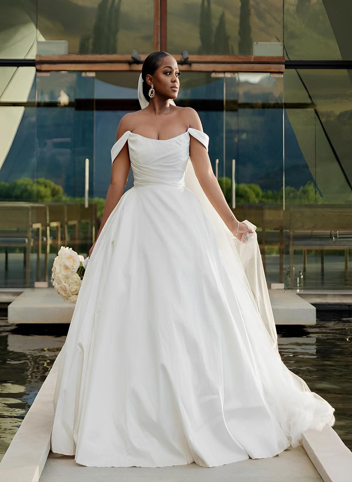 Ball-Gown Off-The-Shoulder Sleeveless Sweep Train Satin Wedding Dresses