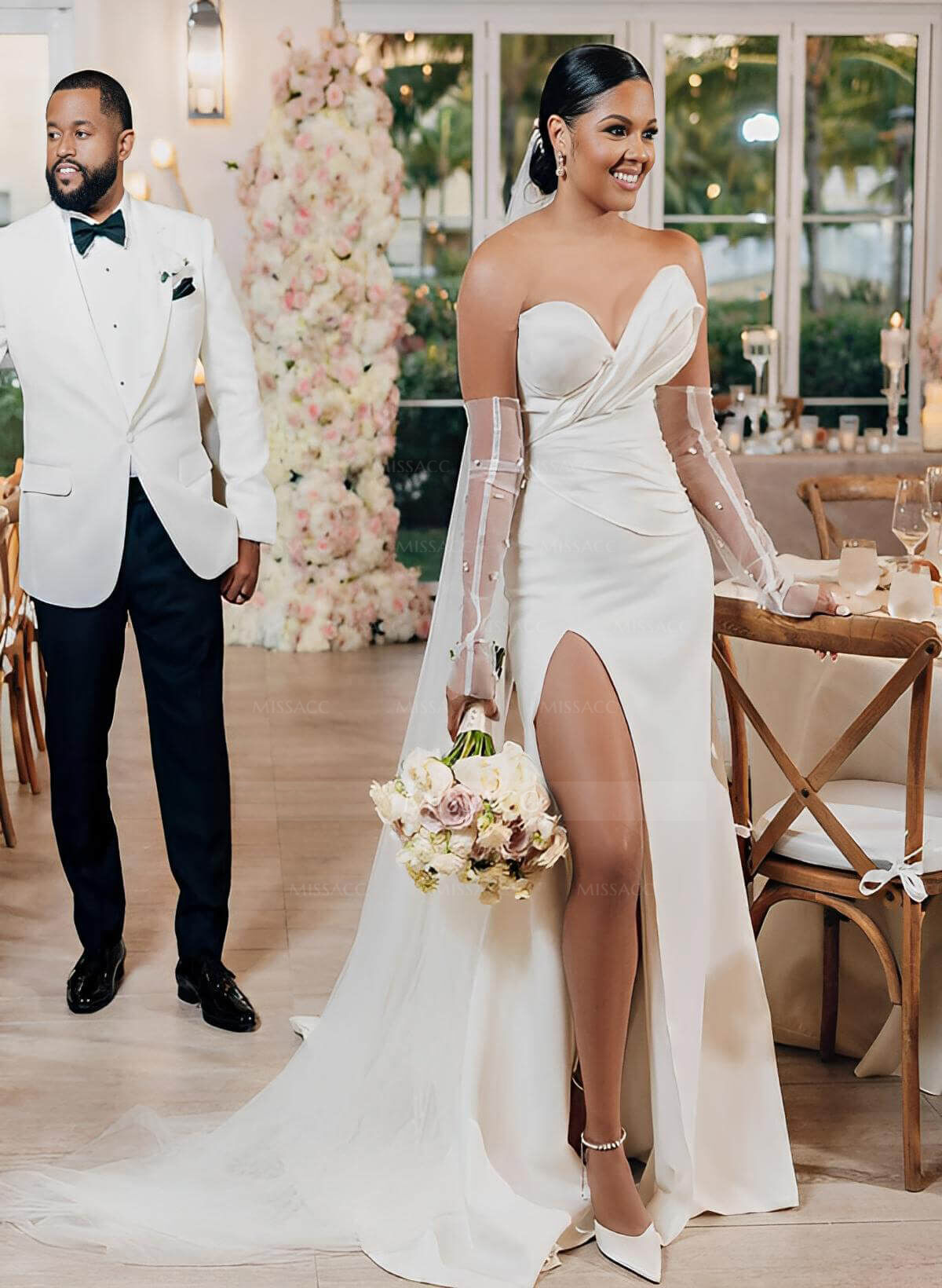 Sheath Sleeveless Sweep Train Satin Wedding Dresses With Split Front