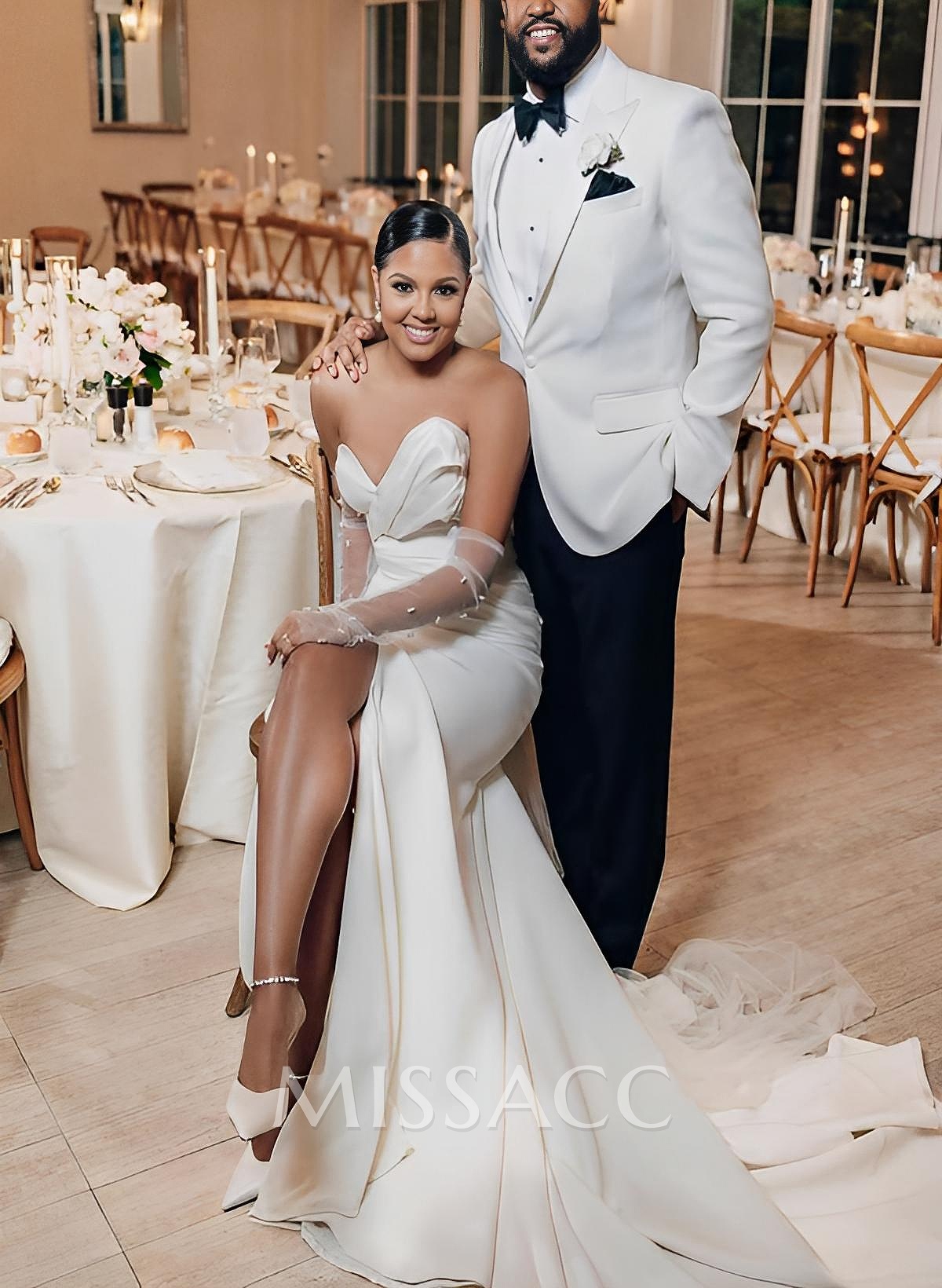 Sheath Sleeveless Sweep Train Satin Wedding Dresses With Split Front