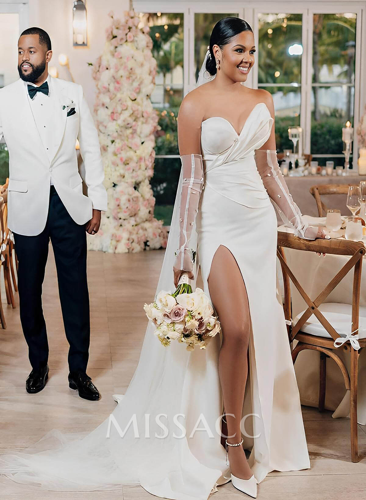 Sheath Sleeveless Sweep Train Satin Wedding Dresses With Split Front