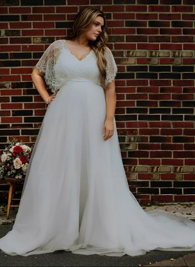 Boho Lace Wrap Plus Size A-Line Wedding Dresses With V-Neck